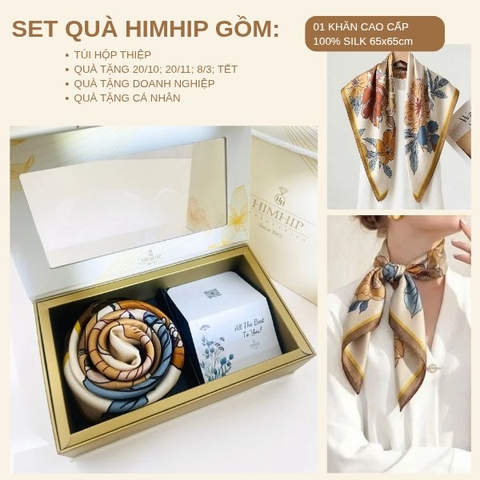 Set Quà HimHip Khăn Lụa Cao Cấp 65x65cm Kèm Túi Hộp Thiệp - 1149