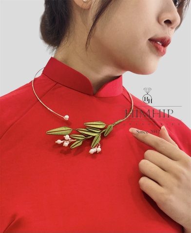 Kiềng Cổ HimHip Hạt Giả Trai Lộc Non Chồi Biếc Thanh Lịch 15cm Phụ Kiện Áo Dài - Trắng