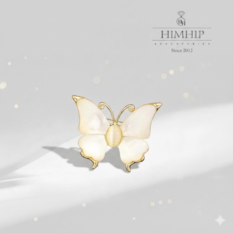 Trâm, Ghim Cài Áo HimHip HKCC Bướm Trắng Nhỏ Khảm Trai 2.5*3cm