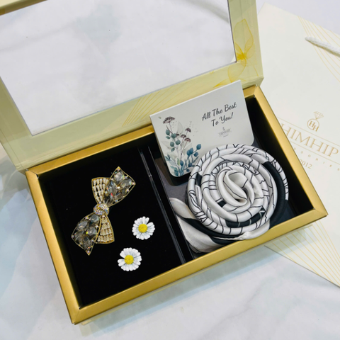 Set Quà HimHip Khăn Lụa Vuông 70x70cm & Khuyên Tai, Kẹp Tóc Kèm Túi Hộp Thiệp - 563