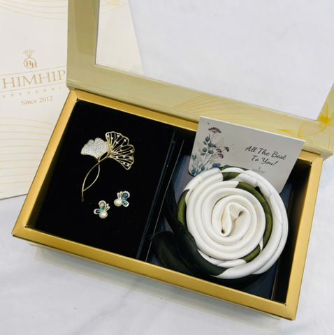 Set Quà HimHip Khăn Lụa Vuông 70x70cm & Cài Áo, Khuyên Tai Kèm Túi Hộp Thiệp - 587