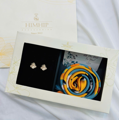Set Quà HimHip Khăn Lụa Vuông 70x70cm & Khuyên Tai Kèm Túi Hộp Thiệp - 109