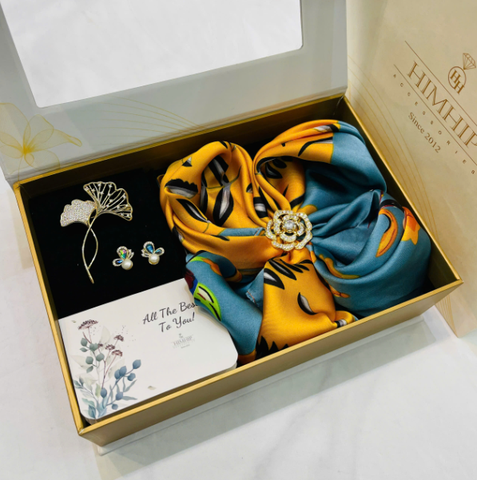 Set Quà HimHip Khăn Lụa Vuông 70x70cm & Cài Khăn, Cài Áo, Khuyên Tai Kèm Túi Hộp Thiệp - 601