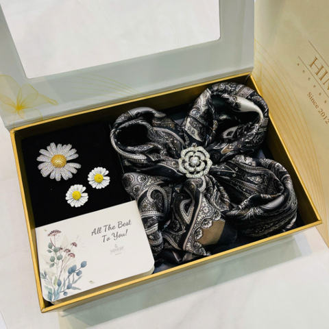 Set Quà HimHip Khăn Lụa Vuông 70x70cm & Cài Khăn, Cài Áo, Khuyên Tai Kèm Túi Hộp Thiệp - 603