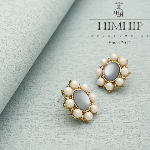 Khuyên Tai Ngắn HimHip Mặt Hoa Sang Trọng HKCC Đính Đá Phale, Ngọc Trai 2.1x1.9cm