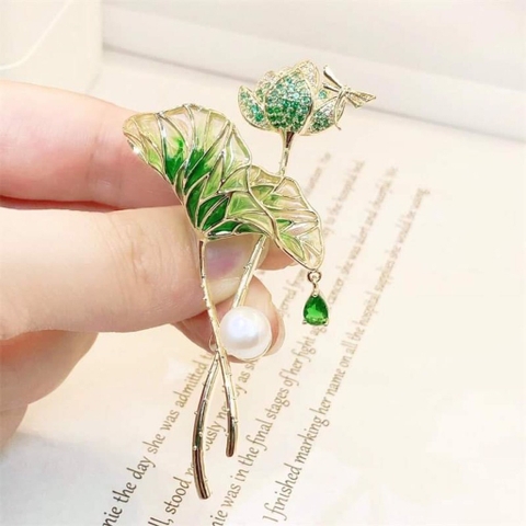 Trâm, Ghim Cài Áo HimHip Cành Sen Thanh Lịch HKCC Đính Phale - 4*6,5cm
