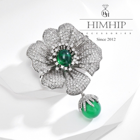 Trâm, Ghim Cài Áo HimHip Hoa Vinca Rosea Sang Trọng HKCC Đính Phale Xanh 3,5*5,3cm