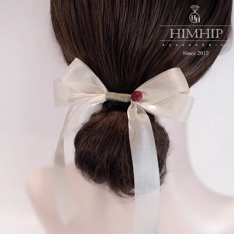 Kẹp Bối, Búi Lưới HimHip Phối Vải Voan Nơ Trắng Dây Dài Charm Hoa Hồng Thanh Lịch 13.5cm