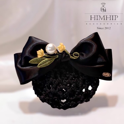 Kẹp Bối, Búi Lưới HimHip Mix Hạt Giả Trai Nơ Đen Phối Hoa Lá Thanh Lịch 8x14cm