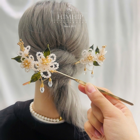 Trâm Cài Tóc HimHip HKCC Hoa Trà Phale Nụ Trai Thật Cao Cấp 19.4x6.5cm Kèm Hộp Phụ Kiện Áo Dài