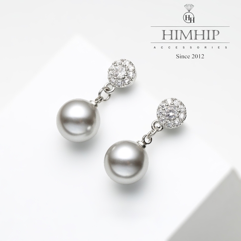 Khuyên Tai Ngắn HimHip Dáng Thả Sang Trọng HKCC Đính Phale, Tinh Thể Ngọc Trai 0.9x2.2cm
