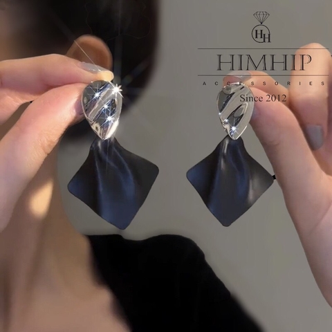 Khuyên Tai Bản To HimHip Giọt Nước Bạc Phối Mặt Thoi Đen Sang Trọng HKCC 5x3.5cm