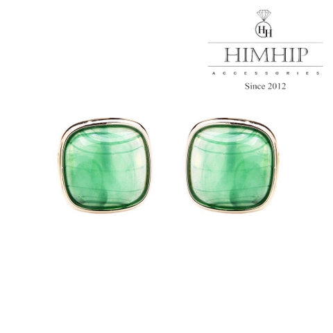 Khuyên Tai Nụ HimHip Mặt Vuông Đá Vân Xanh Sang Trọng HKCC Đính Đá 1.5cm