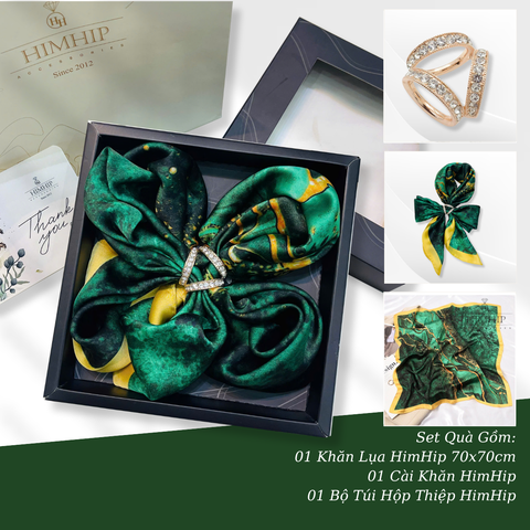 Set Quà HimHip Khăn Lụa Vuông 70x70cm & Cài Khăn Kèm Túi Hộp Thiệp - 364