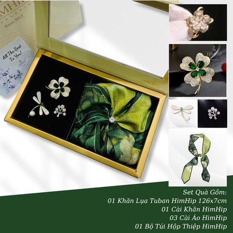 Set Quà 8/3 HimHip Khăn Lụa Tuban 126*7cm, Cài Áo & Cài Khăn Kèm Túi Hộp Thiệp - 399