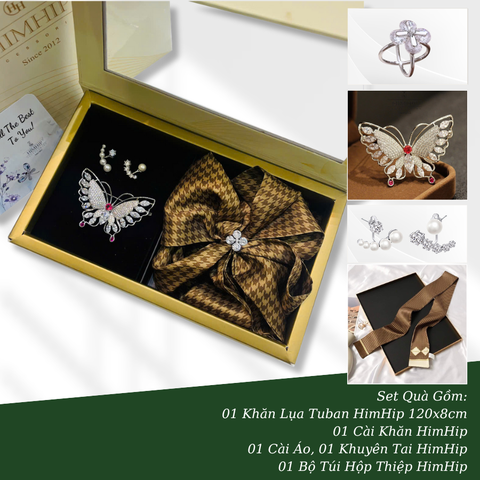 Set Quà 8/3 HimHip Khăn Lụa Tuban 8*120cm, Cài Khăn, Cài Áo & Khuyên Tai Kèm Túi Hộp Thiệp - 384