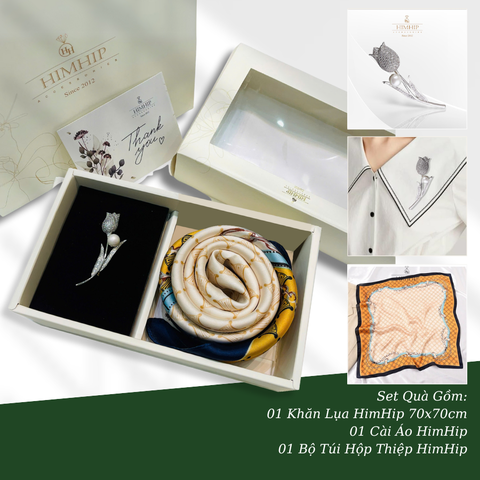 Set Quà HimHip Khăn Lụa Vuông 70x70cm & Cài Áo Kèm Túi Hộp Thiệp - 497