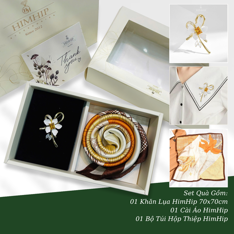 Set Quà HimHip Khăn Lụa Vuông 70x70cm & Cài Áo Kèm Túi Hộp Thiệp - 478