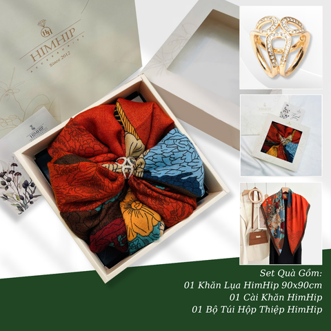 Set Quà HimHip Khăn Lụa Viscose 90x90cm & Cài Khăn Kèm Túi Hộp Thiệp - 393