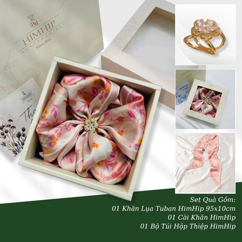 Set Quà 8/3 HimHip Khăn Lụa Tuban 95*10cm & Cài Khăn Kèm Túi Hộp Thiệp - 392
