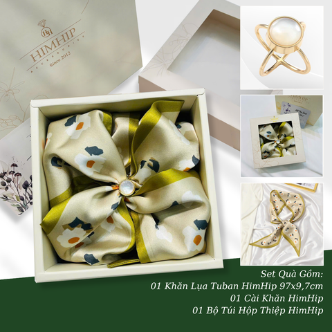 Set Quà 8/3 HimHip Khăn Lụa Tuban 97*9.7cm & Cài Khăn Kèm Túi Hộp Thiệp - 387