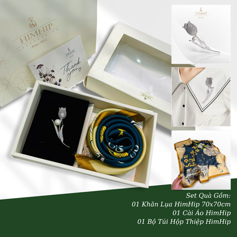 Set Quà HimHip Khăn Lụa Vuông 70x70cm & Cài Áo Kèm Túi Hộp Thiệp - 493