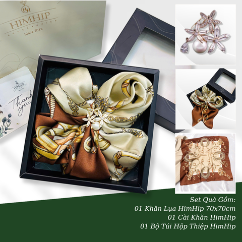 Set Quà HimHip Khăn Lụa Vuông 70x70cm & Cài Khăn Kèm Túi Hộp Thiệp - 385