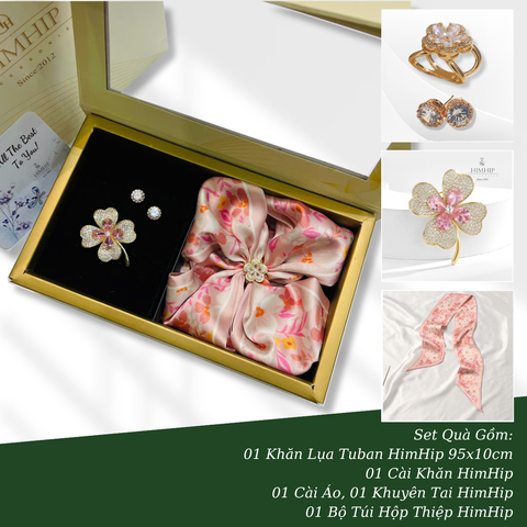 Set Quà 8/3 HimHip Khăn Lụa Tuban 95*10cm, Cài Áo, Cài Khăn & Khuyên Tai  Kèm Túi Hộp Thiệp - 418