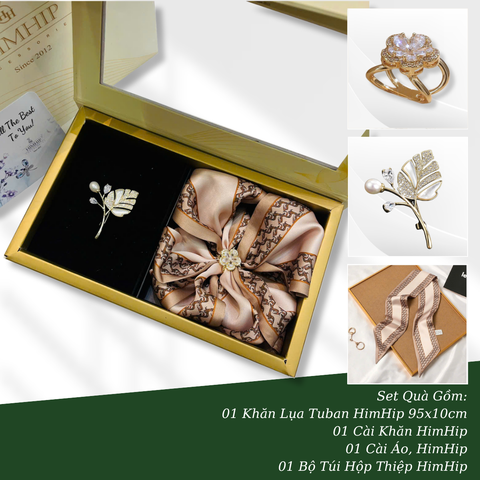 Set Quà 8/3 HimHip Khăn Lụa Tuban 95*10cm, Cài Áo & Cài Khăn Kèm Túi Hộp Thiệp - 410