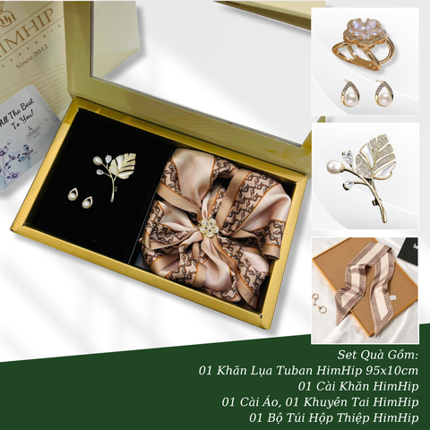 Set Quà 8/3 HimHip Khăn Lụa Tuban 95*10cm, Cài Áo, Cài Khăn & Khuyên Tai  Kèm Túi Hộp Thiệp - 409