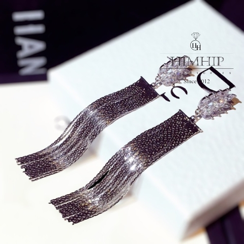 Khuyên Tai Dài HimHip Mặt Lá Phối Tua Rua Sang Trọng HKCC Đính Phale 1.2x9cm