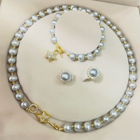 [Thiết Kế] Set Trang Sức HimHip Ngọc Trai Thật Vòng Cổ, Vòng Tay, Khuyên Tai Mix Mặt Ngôi Sao Sang Trọng Kèm Hộp Nhung