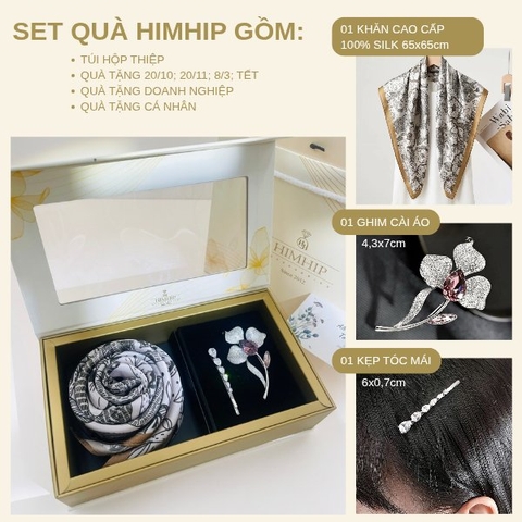 Set Quà HimHip Khăn Lụa Cao Cấp 65x65cm & Cài Áo, Kẹp Mái Kèm Túi Hộp Thiệp - 1373