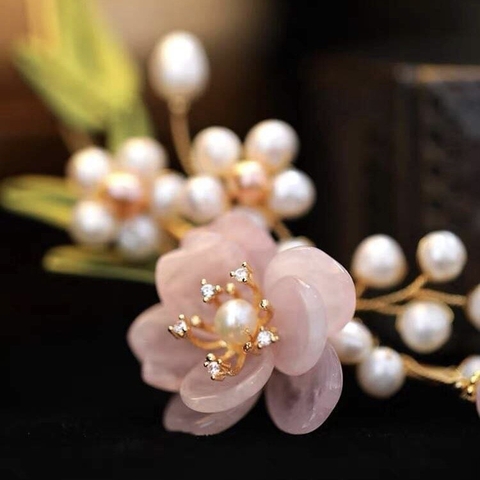 Kiềng Cổ HimHip Hạt Giả Trai Mix Đá Thạch Anh Xuân Hoa Ngọc Nữ Sang Trọng 15cm Phụ Kiện Áo Dài - Xanh Lục
