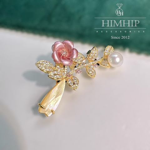 Trâm, Ghim Cài Áo HimHip Bình Hoa 5 Cánh Sang Trọng HKCC Đính Phale 2,5*5,5cm