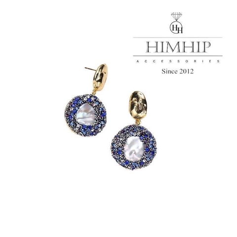 Khuyên Tai Ngắn HimHip Mặt Tròn Họa Tiết Cá Tính HKCC Đính Phale, KhảmTrai 3.3x2cm