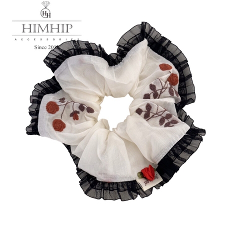 Scrunchies HimHip Phối Vải Nhún Viền Đen Hoạ Tiết Hoa Hồng Tiểu Thư 15cm