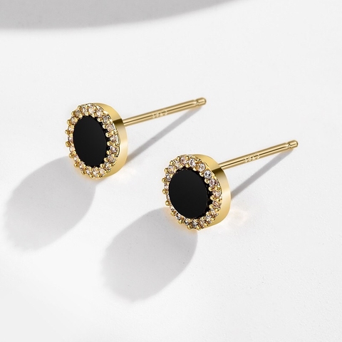 Khuyên Tai Nụ HimHip Mặt Đá Đen Viền Vàng Thanh Lịch HKCC Đính Phale 0,7->0.9cm