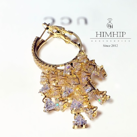Khuyên Tai Móc Tròn HimHip Chùm Đá Tam Giác Lấp Lánh HKCC Đính Phale 2.5x5.7cm