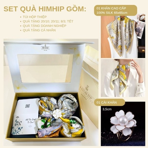 Set Quà HimHip Khăn Lụa Cao Cấp 65x65cm & Cài Khăn Kèm Túi Hộp Thiệp - 1329
