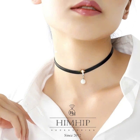 Choker HimHip Da PU Đính Tinh Thể Ngọc Trai 10Li Thanh Lịch 32+6cm