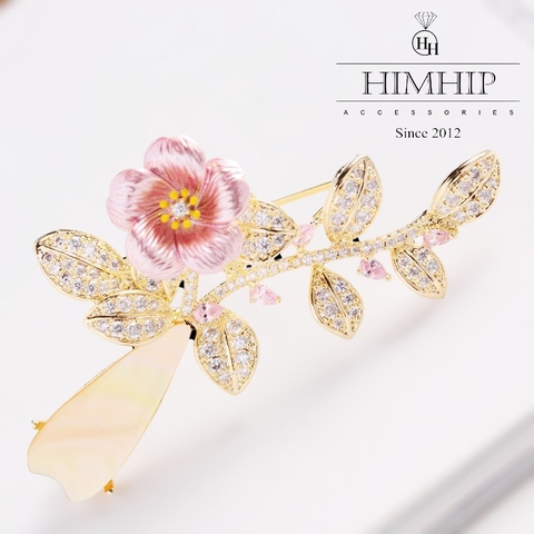 Trâm, Ghim Cài Áo HimHip Bình Hoa 5 Cánh Sang Trọng HKCC Đính Phale 2,5*5,5cm
