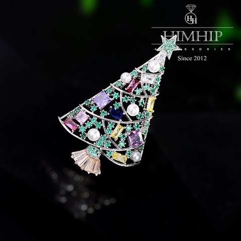 Trâm, Ghim Cài Áo Cây Thông Noel Sang Trọng HKCC Mix Đá Phale Lấp Lánh 3,8*4,5cm