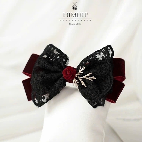 Kẹp Bối, Búi Lưới HimHip Phối Vải Nhung Nơ Đen Charm Hoa Hồng Tiểu Thư Sang Trọng 13x8cm