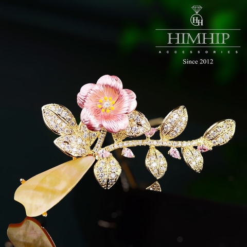 Trâm, Ghim Cài Áo HimHip Bình Hoa 5 Cánh Sang Trọng HKCC Đính Phale 2,5*5,5cm