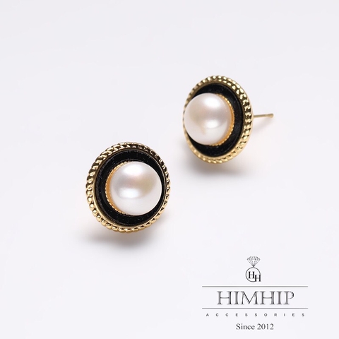 Khuyên Tai Nụ HimHip Nụ Trai Viền Đen Vàng Sang Trọng HKCC Mix Trai Thật 1.5cm Phụ Kiện Áo Dài