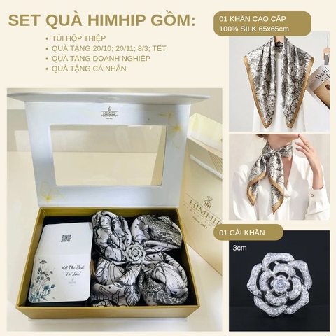 Set Quà HimHip Khăn Lụa Cao Cấp 65x65cm & Cài Khăn Kèm Túi Hộp Thiệp - 1327