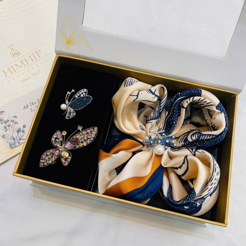 Set Quà HimHip Khăn Lụa Vuông 70x70cm & Cài Khăn, Cài Áo, Kẹp Tóc Kèm Túi Hộp Thiệp - 631