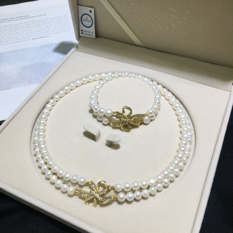 [Thiết kế] Set Trang Sức HimHip Trai Thật 8Li Vòng Cổ 42cm, Vòng Tay 19cm Khóa Mặt Nơ Đính Phale Sang Trọng