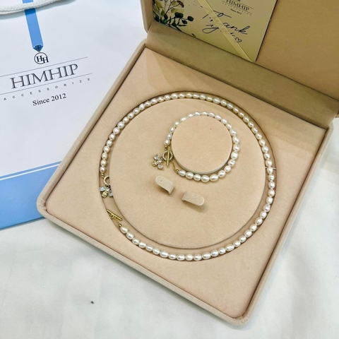[Thiết Kế] Set Trang Sức HimHip Trai Thật Vòng Cổ 41cm, Vòng Tay 18cm Hạt Gạo Khóa Ong Vàng Đáng Yêu